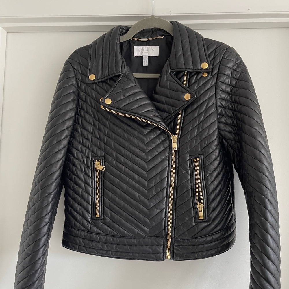 Escada Black Quilted Leather Jacket with Gold Accents